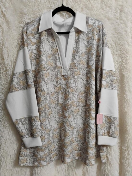 Simply Southern Tops - Simply Southern Polo Camo White Contrast Long Sleeve Size L NWT
